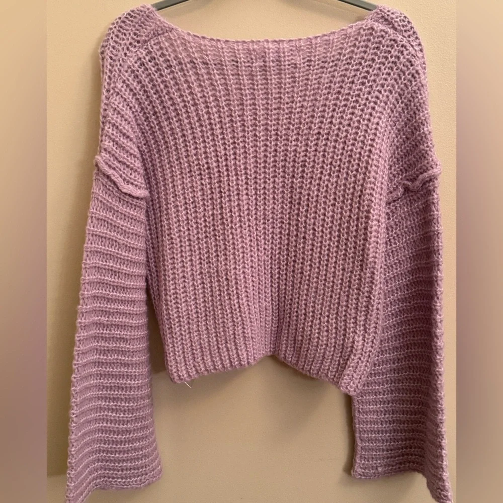All in Favor Shaker Stitch Crop Knit V-Neck Cardigan Lavender‎